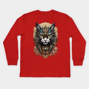 Devious Black Cat Tribal fusion art design Kids Long Sleeve T-Shirt